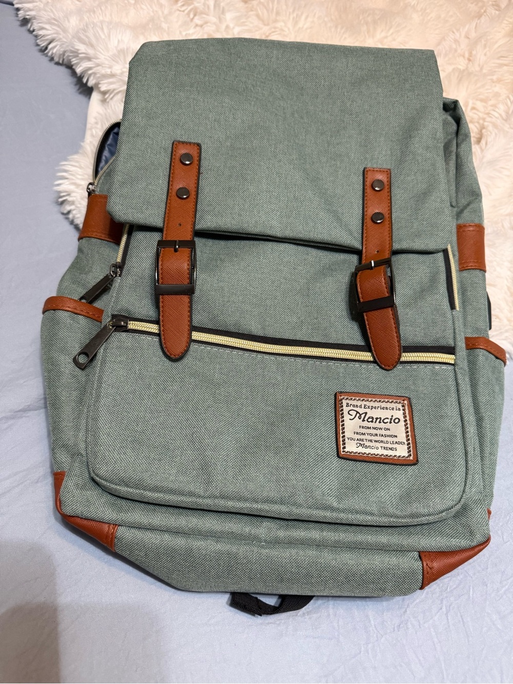 Mansion Sage Green Canvas Laptop Backpack with Brown Leather Trim